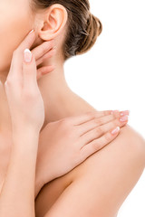 cropped view of woman with perfect skin, isolated on white