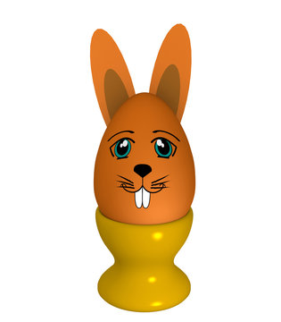 orangefarbenes Osterei  mit Hasengesicht und Hasenohren im Eierbecher . 3d render
