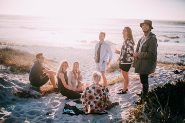 Group of friends hanging out at beach in summer