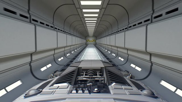 Starry sky in the backdrop. Spacecraft flies out of the tunnel. Spacecraft flying into a space station door, 3d animation