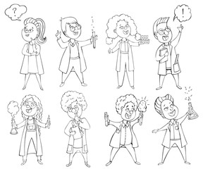 Children scientists set. Cartoon characters. Isolated elements. Black and white vector illustration