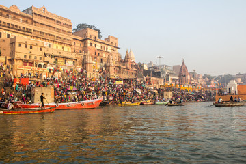 Varanasi Ghats, Diwali Festival, Ganges River and Boats, Uttar Pradesh, India
