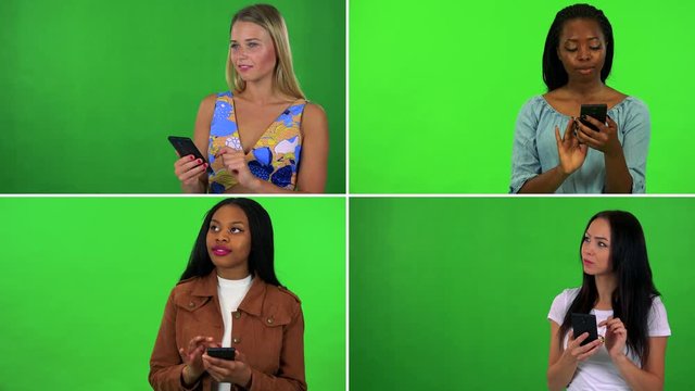 4K compilation (montage) - four women work on smartphones - green screen