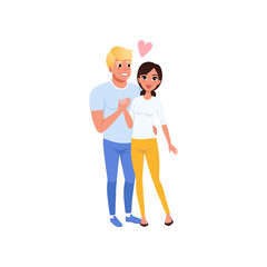 Young man and woman characters embracing, happy romantic couple in love cartoon vector Illustration