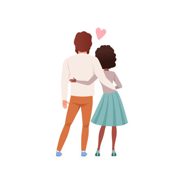 Young man and woman characters standing embracing back view, happy romantic  couple in love cartoon vector Illustration Stock Vector | Adobe Stock