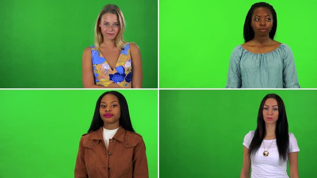 4K compilation (montage) - four women nod at the camera - green screen
