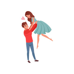 Young man holding his girlfriend by waist, raising her up, happy romantic loving couple on date cartoon vector Illustration