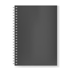 Realistic black notebook on spiral binder mockup, copybook blank cover. Clear dark notepad or sketchbook front page with shadow