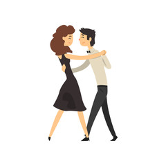Young man and woman characters in love dancing, romantic loving couple cartoon vector Illustration