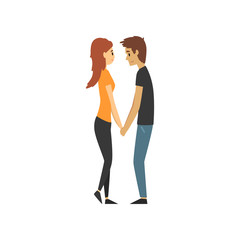 Young man and woman characters holding hands, looking at each other, happy romantic loving couple cartoon vector Illustration