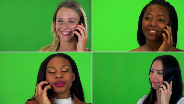 4K compilation (montage) - four women talk on smartphones - face closeup - green screen