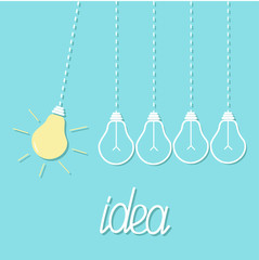 Hanging yellow light bulb. Switch on off lamp. Perpetual motion. Dash line. Idea concept. Flat design. Blue pastel background.