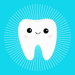 Healthy white tooth round icon with smiling face. Cute cartoon character. Dash line circle. Oral dental hygiene. Children teeth care. Shining effect stars. Bright blue background. Flat design.