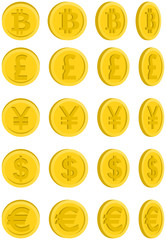 Set of currency. Bitcoin, pound, yen, dollar, euro.