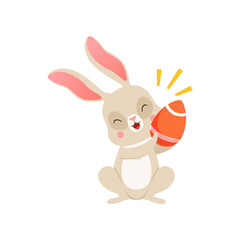 Cute cartoon bunny with egg, funny rabbit character, Happy Easter concept cartoon vector Illustration