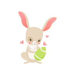 Cute cartoon bunny holding green egg, funny rabbit character, Happy Easter concept cartoon vector Illustration