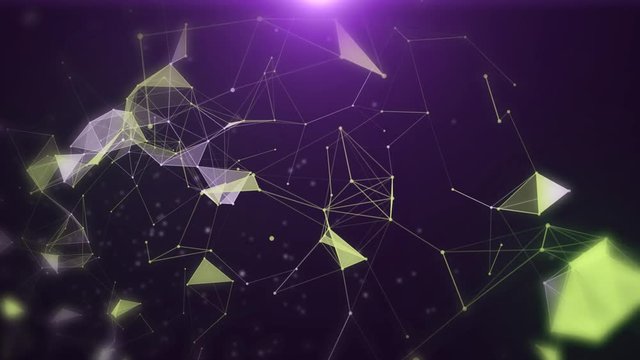 Plexus of abstract violet geometrical lines with moving triangles and dots ?n a black background. Loop animations.