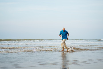 Fototapeta na wymiar Maltese dog and man running at the beach