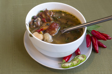 Soup with white and red beans and smoked pork ribs. With Chilies accent.