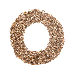 Obraz premium Organic Chia seed (Salvia hispanica) in Ring Shape for Omega. Isolated on White Background. Micro Closeup, Top view.