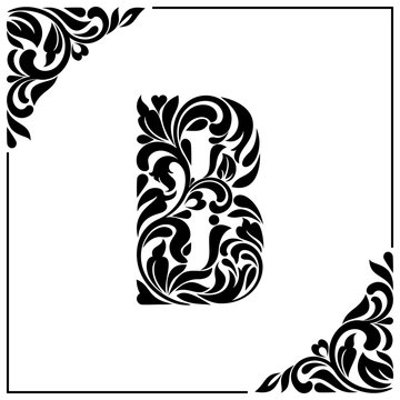 The letter B. Decorative Font with swirls and floral elements. Vintage style