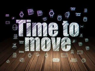 Time concept: Glowing text Time to Move,  Hand Drawing Time Icons in grunge dark room with Wooden Floor, black background