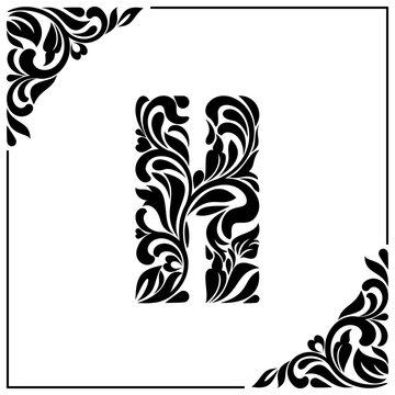 The letter H. Decorative Font with swirls and floral elements. Vintage style