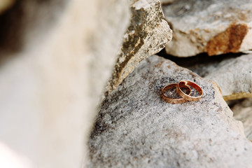 Wedding rings lie on the rock.