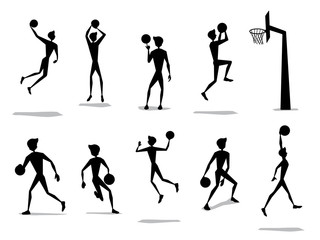 basket ball man silhouette cartoon design set