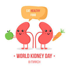Vector illustration for world kidney day with couple of kidneys characters, giving advice to eat healthy food, vegetables.