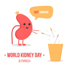 World kidney day vector illustration with cute cartoon kidney character, giving advice to quit smoking and throwing away cigarettes.