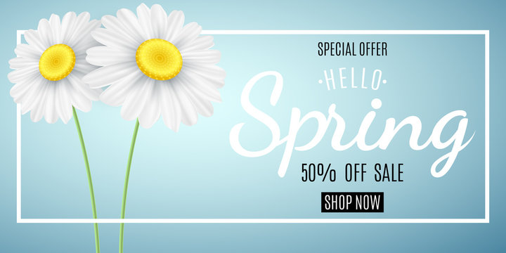 Spring sale concept. Special offer. Advertising web banner for sale. Chamomile on a blue background. Seasonal daisy flower. Hello spring. Calligraphic text. Vector illustration