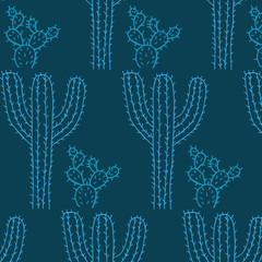 Hand drawn cactus vector pattern in a blue color palette