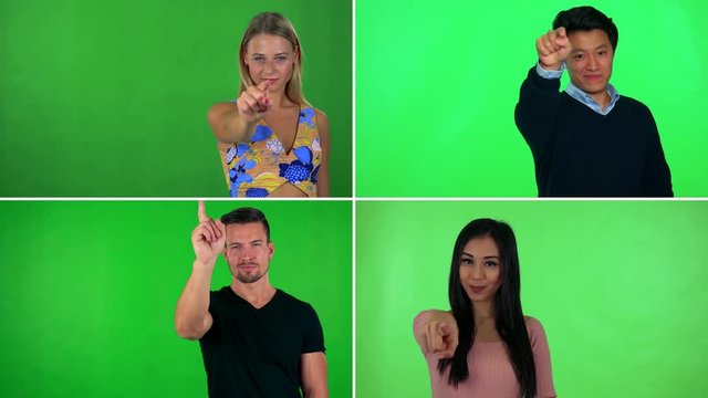 4K compilation (montage) - four people point at the camera and nod with a smile - green screen