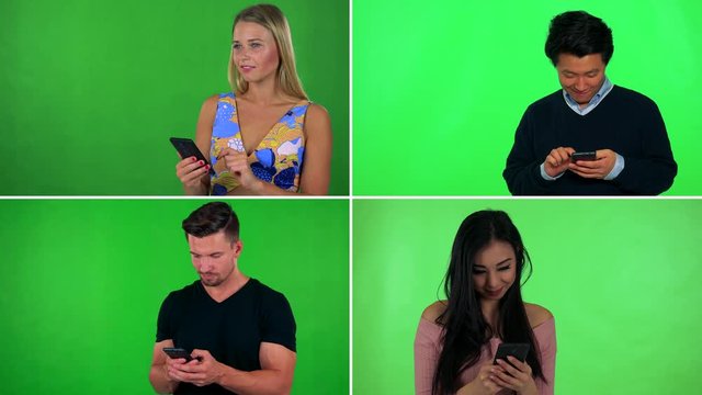 4K compilation (montage) - four people work on smartphones - green screen