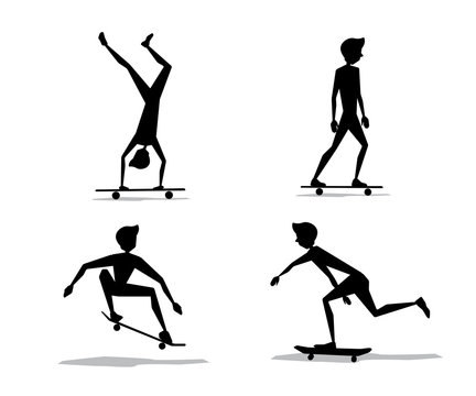 skateboard player set silhouette cartoon