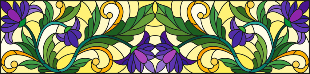 Illustration in stained glass style with abstract  swirls,purple flowers and leaves  on a yellow  background,horizontal orientation