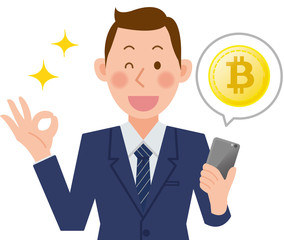 ビジネスマン　スマホ　ビットコイン