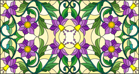Naklejki  Ilustracja w stylu witrażu z abstrakcyjnymi zawijasami, fioletowymi kwiatami i liśćmi na żółtym tle, orientacja pozioma