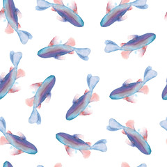 Watercolor hand drawn sketch illustration seamless pattern background with silhouette of a fish in pink and blue colors isolated on white