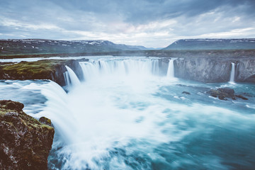 Great view of powerful Godafoss cascade. Location Iceland, Europe.