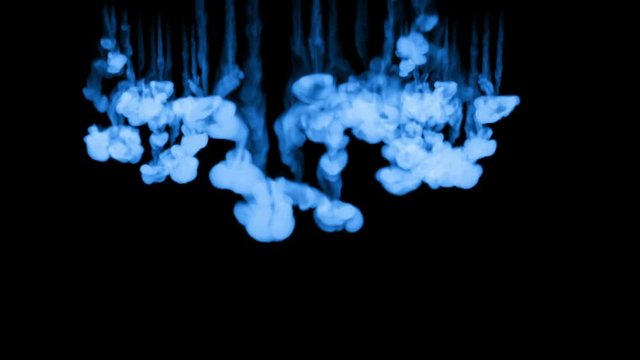 a wall of blue fluorescent ink on a black background dissolve in water. Large quantities of ink streams are blown at the same time. as an alpha channel use luma matte