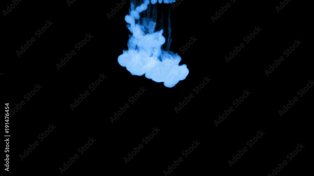 Poster a lot of small streams of blue fluorescent ink on a black background dissolves in the water from top