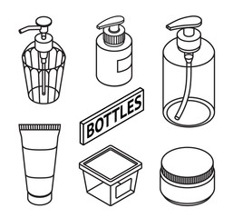Line style set of cosmetics for skin care. Icons of cosmetic bottles and package. Bottles for shampoo, creams, tonic, mask, soap, gel