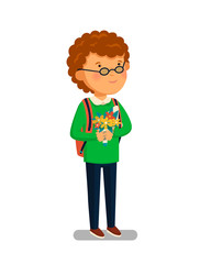 Schoolboy . Happy schoolboy with backpack holding bouquet of flowers for his teacher. Flat cartoon illustration. First school year. Back to school.