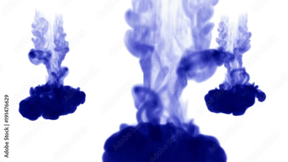 Poster three powerful streams of dark blue ink on a white background dissolves in the water from top to bot