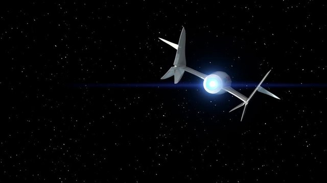 Stars on the background. Fictional spaceplane flies in space. Concept of spaceship for space tourism. 3d animation.