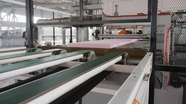 plant with equipment for production of foam polystyrene, automatic cutting of styrofoam on conveyor line
