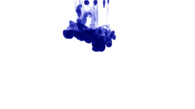 a lot of small streams of dark blue ink on a white background dissolves sequentially in water from top to bottom. Side view. as an alpha channel use luma matte