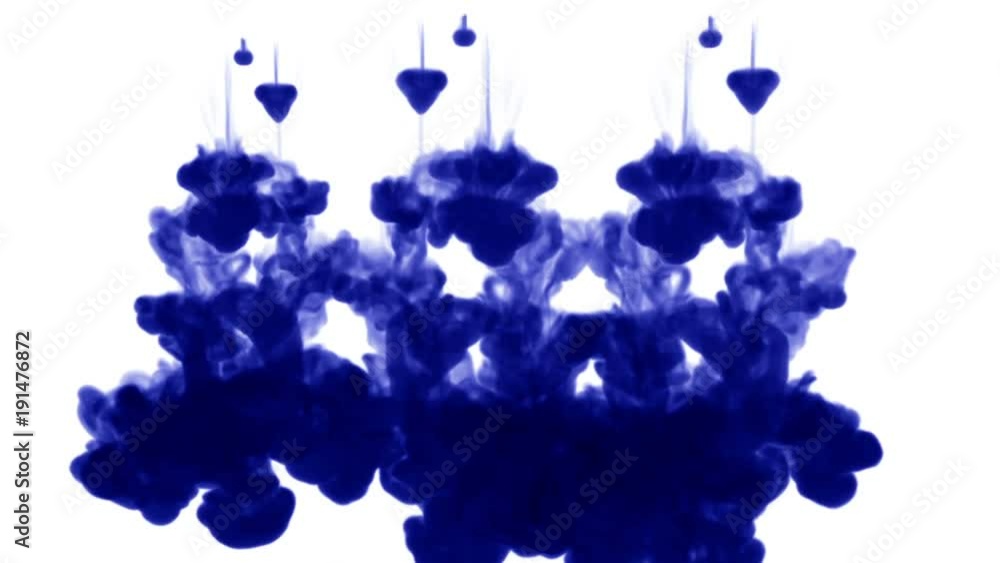 Aufkleber a lot of small streams of dark blue ink on a white background dissolves sequentially in water from t